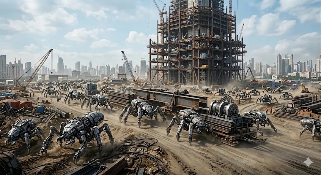 Concept render of autonomous construction platforms on a worksite