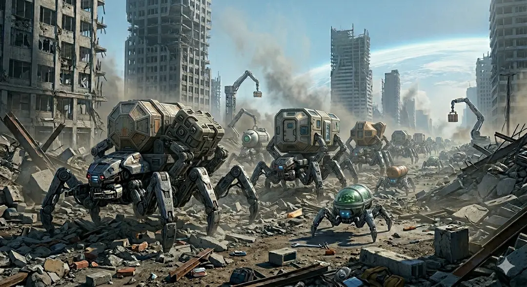 Concept render of coordinated aerial systems over a disaster area