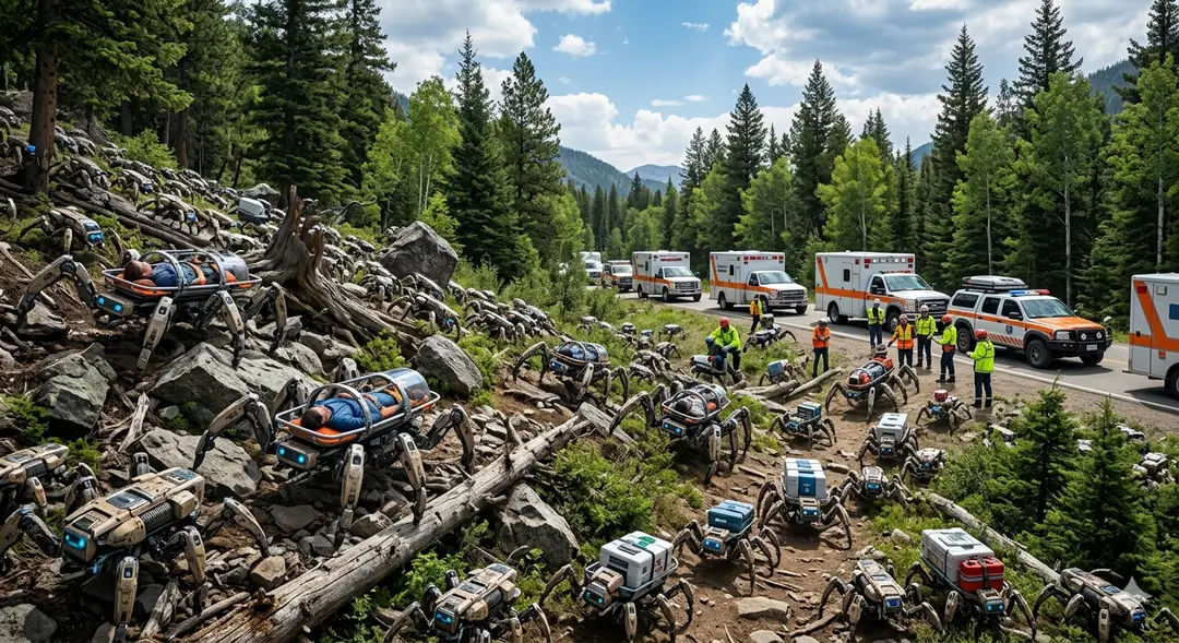 Concept render of small autonomous platforms navigating a forest