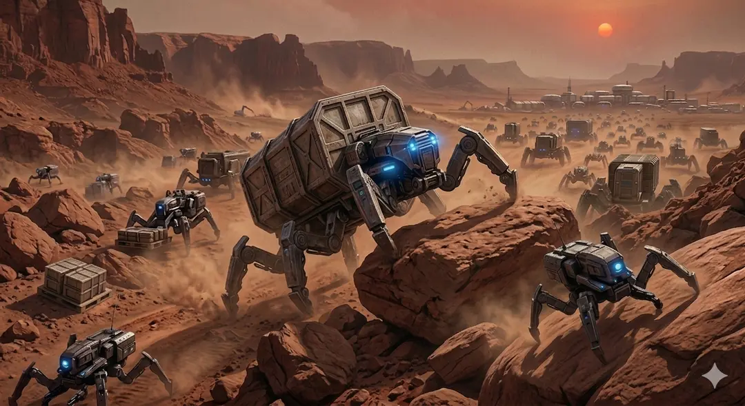Concept render of crawler platforms traversing planetary terrain
